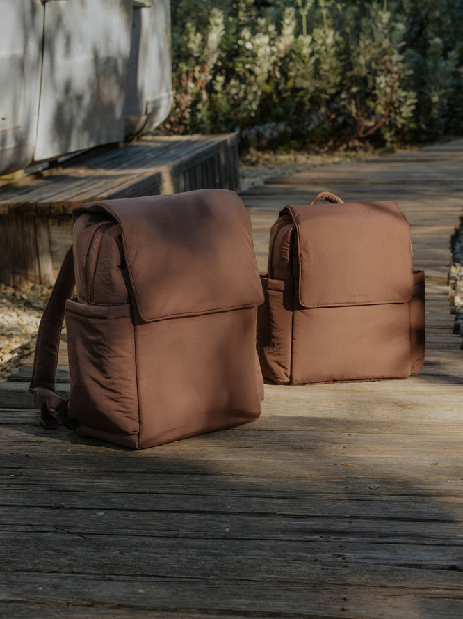 CALPAK Diaper Backpack and Convertible Mini Diaper Backpack in brown Hazelnut outside