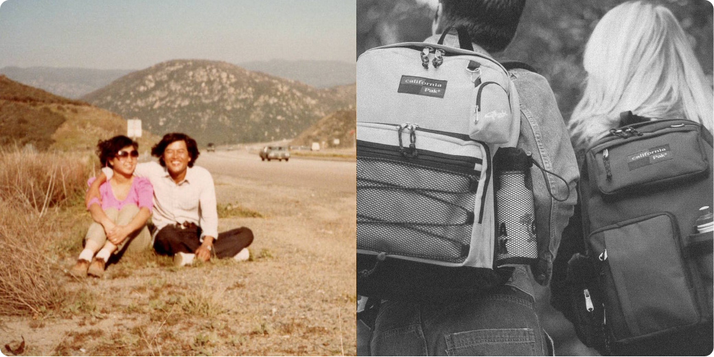 Mr. and Mrs. Kwon + old Calpak backpacks
