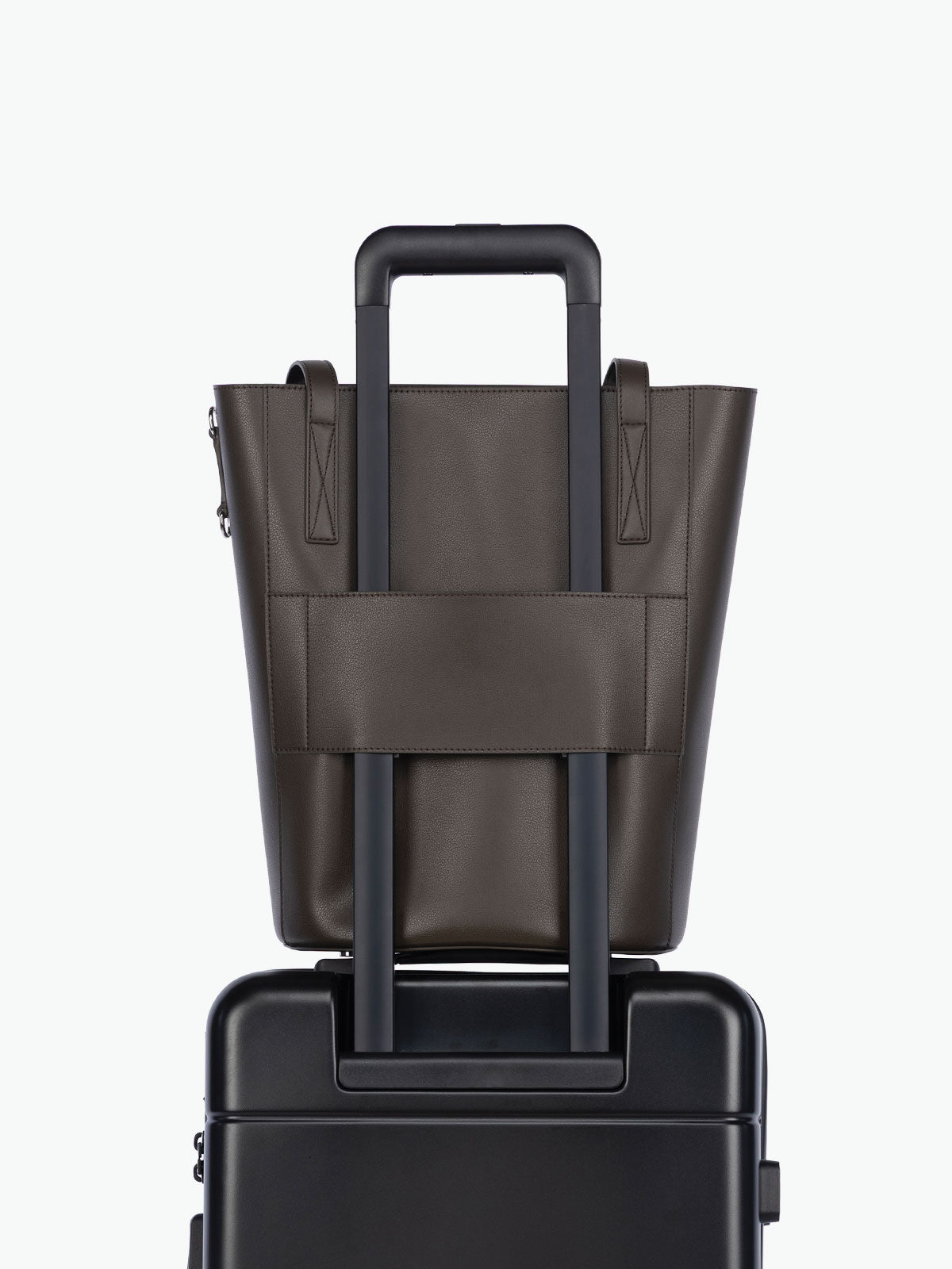 Trolley sleeve of the CALPAK Haven 14" Haven Laptop Tote in dark brown Mushroom; ABU2501-MUSHROOM