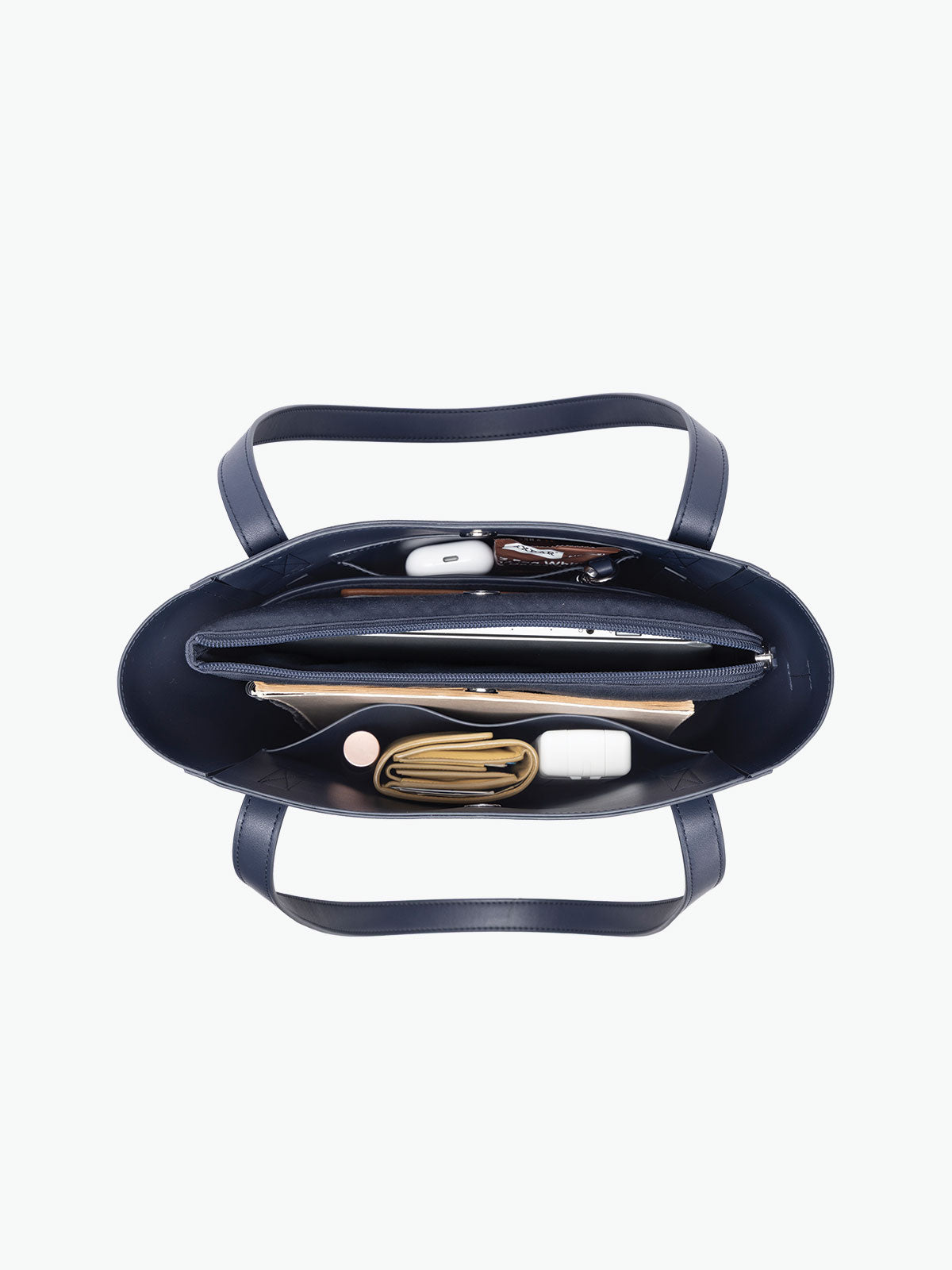 Open interior of the CALPAK Haven 14" Haven Laptop Tote in dark blue Navy; ABU2501-NAVY