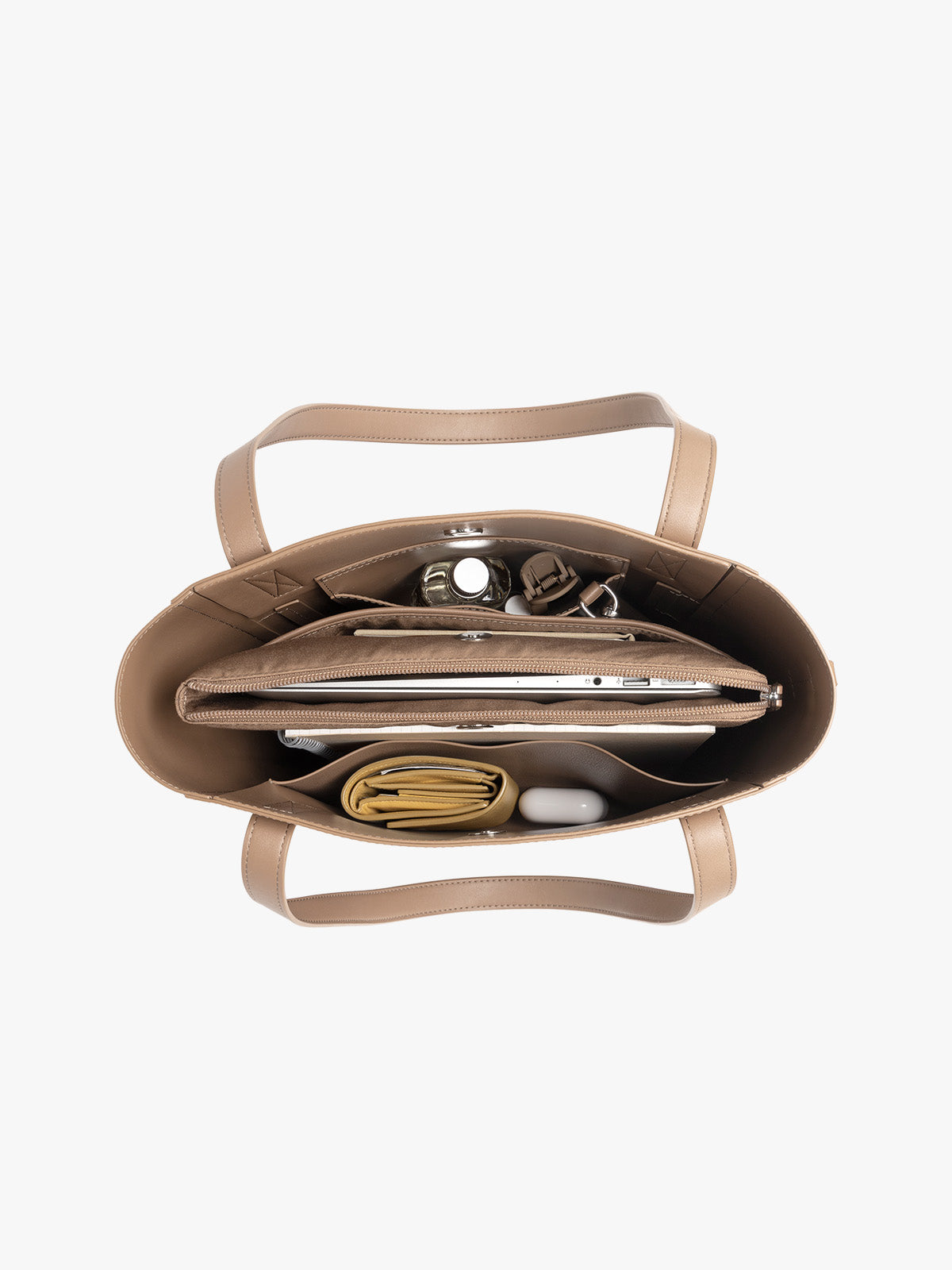 CALPAK Haven 14 inch Laptop Bucket Bag in beige Taupe top view with compartments filled; ABU2501-TAUPE