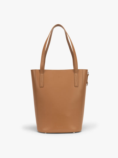 CALPAK Haven 14 inch Laptop Bucket Bag in brown Toffee front view; ABU2501-TOFFEE