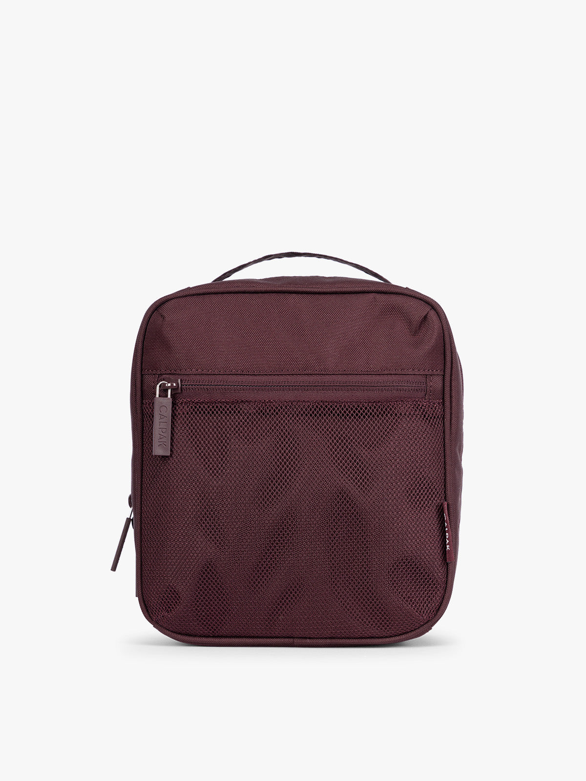 Dark burgundy Dark Cherry color of the CALPAK Everything Cube organizer with a top handle, a front zippered pocket, and a textured mesh lower panel, shown against a plain white background; ACE2401-DARK-CHERRY