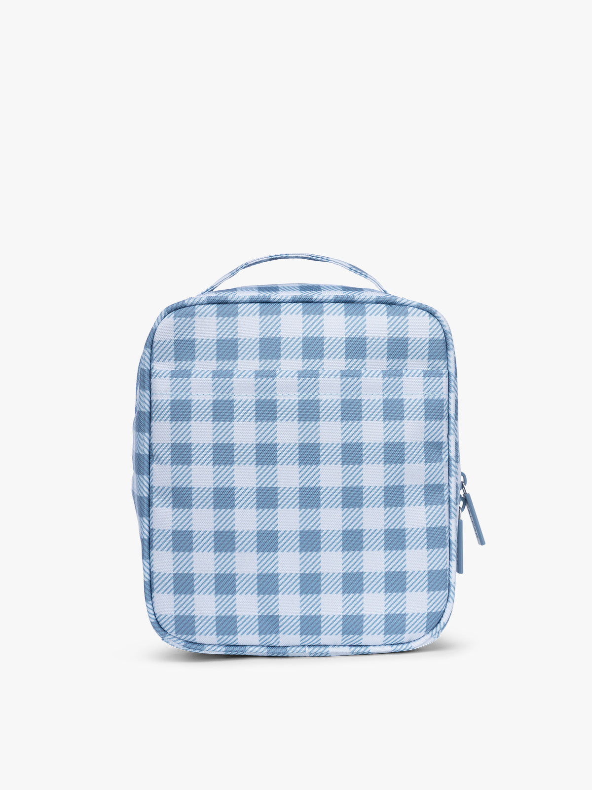 Backside of CALPAK Everything Cube in light blue and white gingham print ; ACE2401-FRENCH-BLUE-GINGHAM