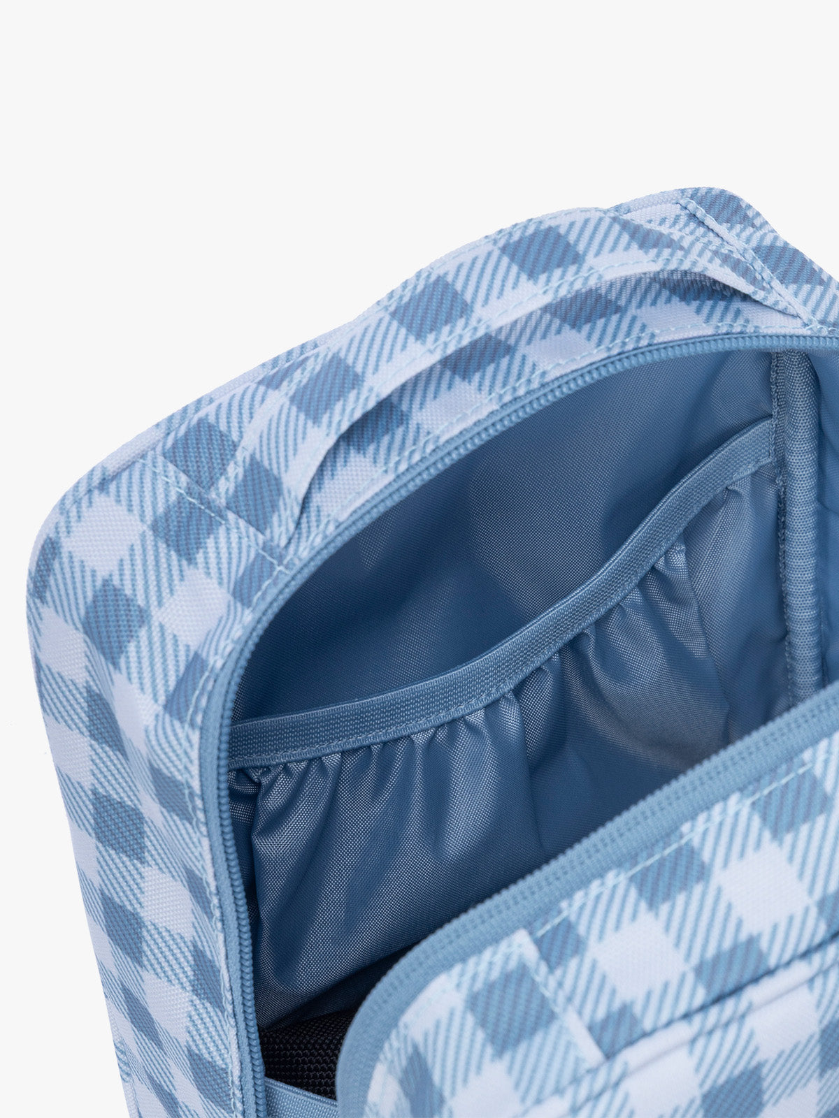 Inside pocket of CALPAK Everything Cube in light blue and white gingham print ; ACE2401-FRENCH-BLUE-GINGHAM