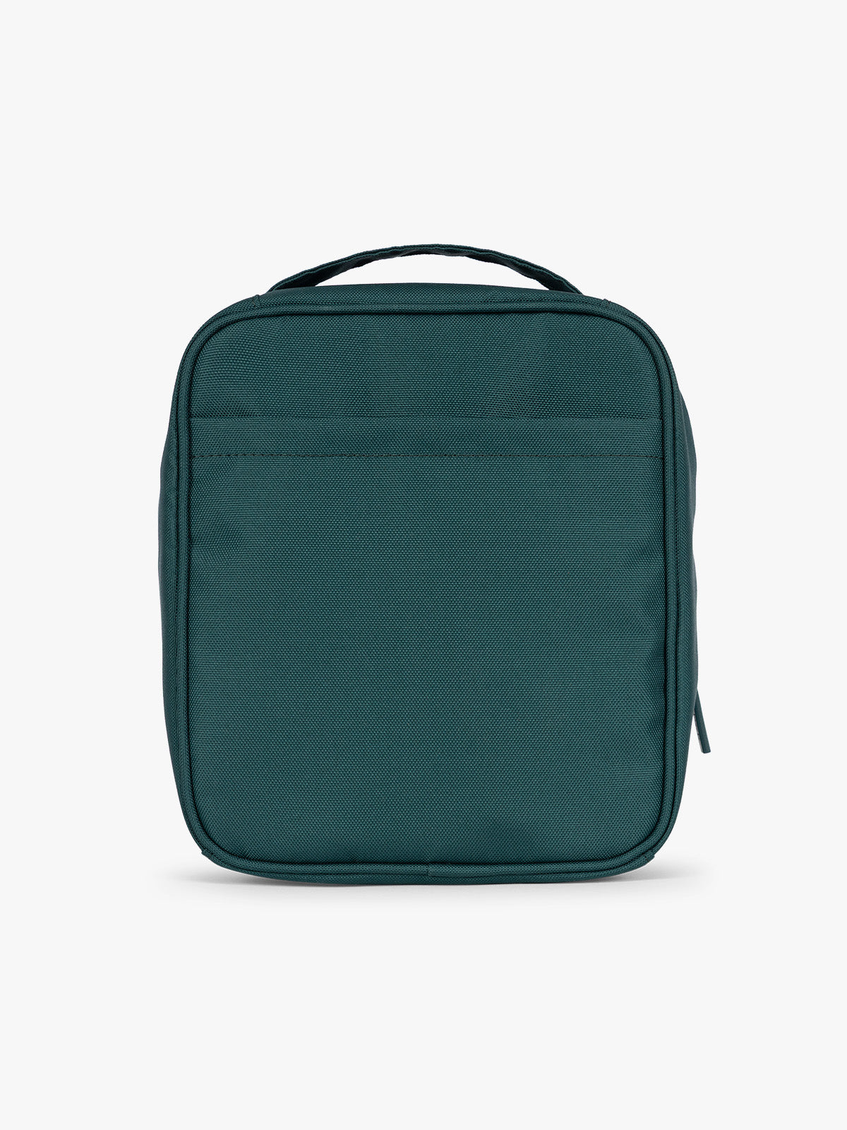 Back side of a dark teal green Kale CALPAK Everything Cube organizer with a top handle, a front zippered pocket, and a textured mesh lower panel, shown against a plain white background; ACE2401-KALE