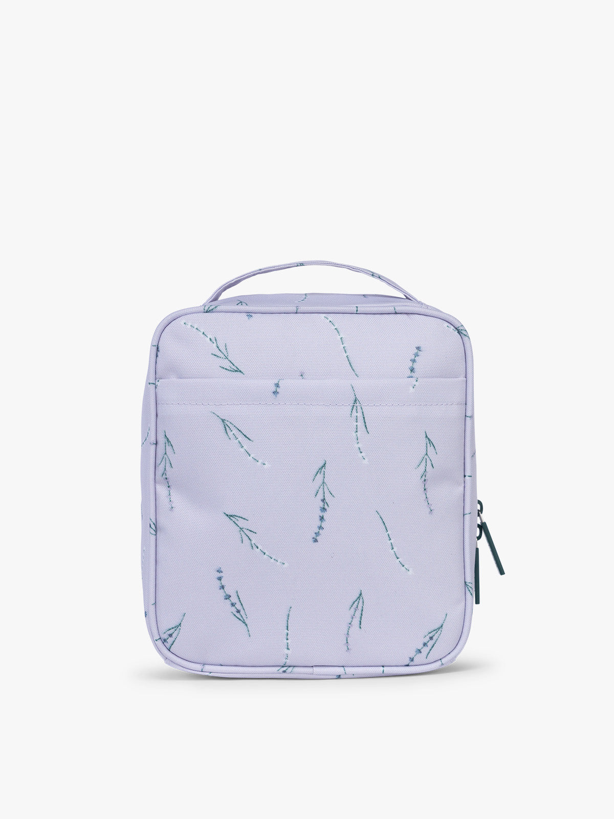 Backside of CALPAK Everything Cube in light purple with lavender flower print ; ACE2401-LAVENDER-BLOOM