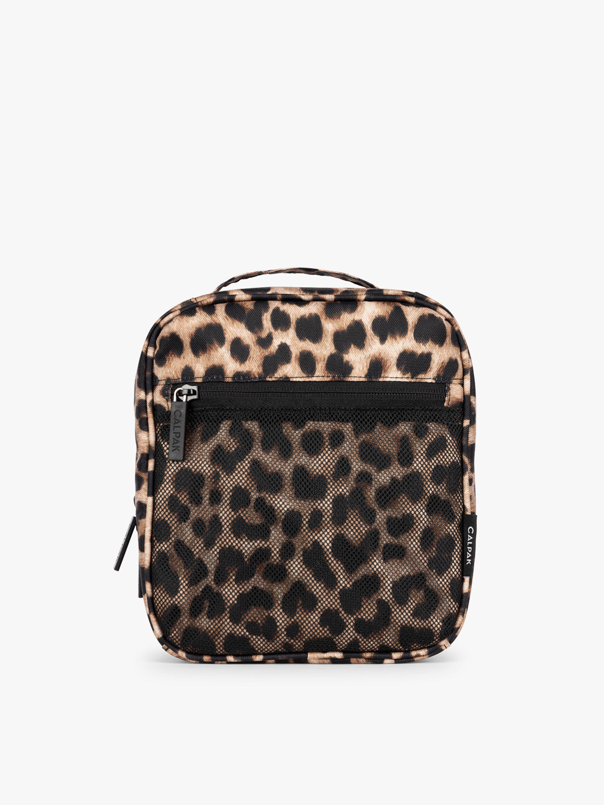 Leopard print in Leopard the CALPAK Everything Cube organizer with a top handle, a front zippered pocket, and a textured mesh lower panel, shown against a plain white background; ACE2401-LEOPARD