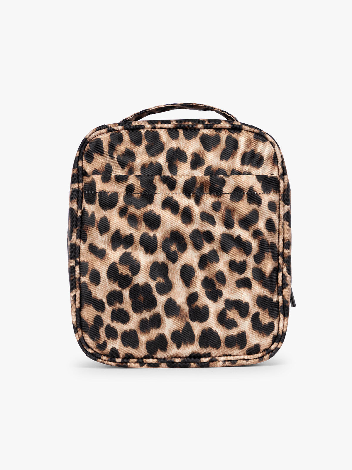 Backside of Leopard print in Leopard the CALPAK Everything Cube organizer with a top handle, a front zippered pocket, and a textured mesh lower panel, shown against a plain white background; ACE2401-LEOPARD
