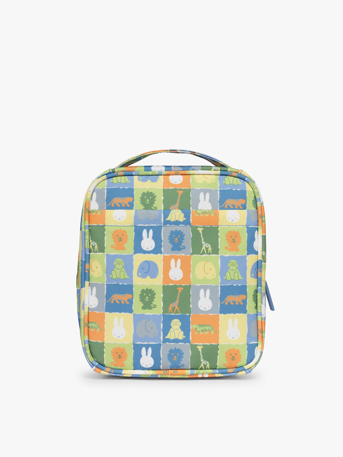 Backside of colorful organizer with Miffy and zoo animals print for the CALPAK Everything Cube; ACE2401-MIFFY-BLUE-ZOO-TRIP