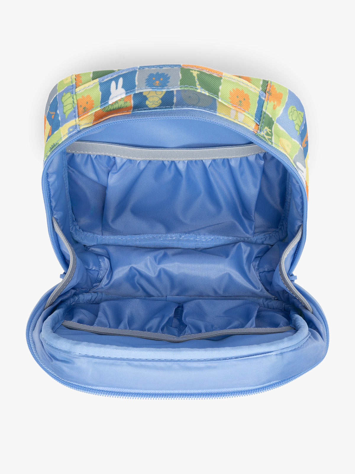 Opened view of blue organizer with Miffy and zoo animals print for the CALPAK Everything Cube; ACE2401-MIFFY-BLUE-ZOO-TRIP