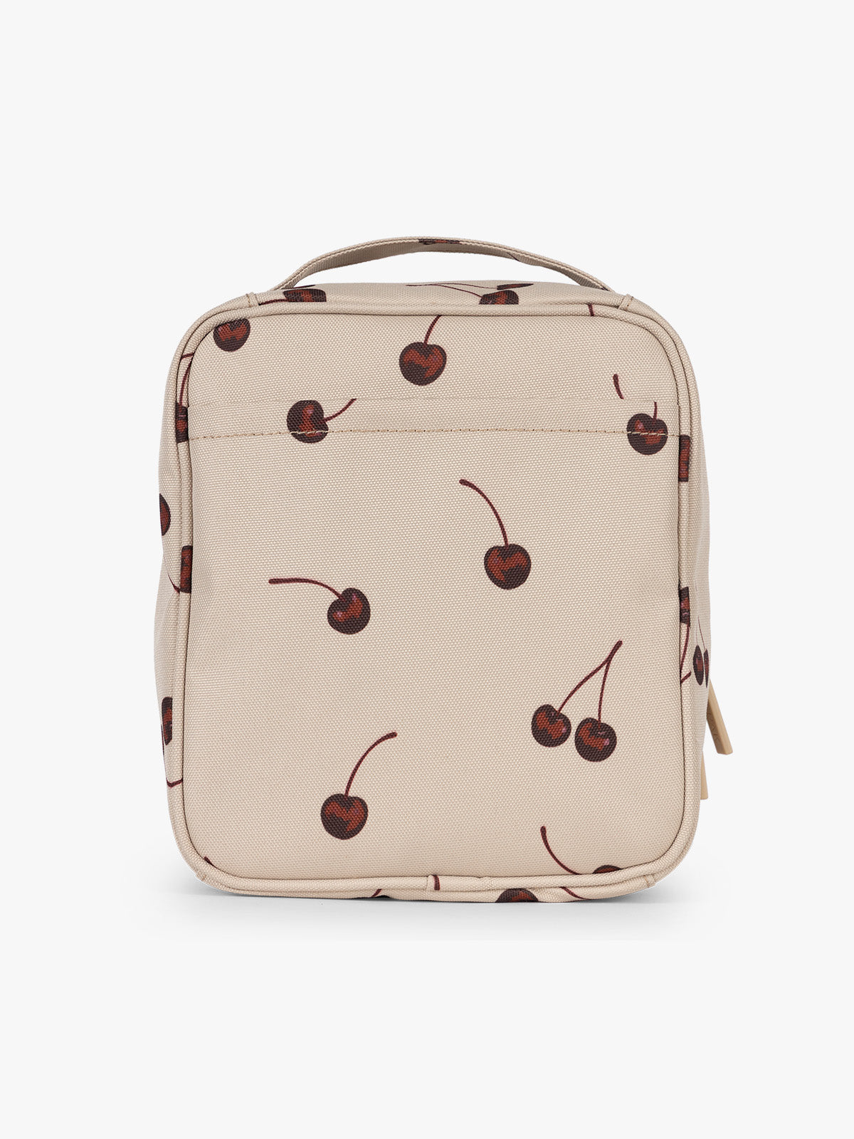 Back view of CALPAK Everything Cube beige with cherry print Oatmeal Pink; ACE2401-OATMEAL-CHERRY
