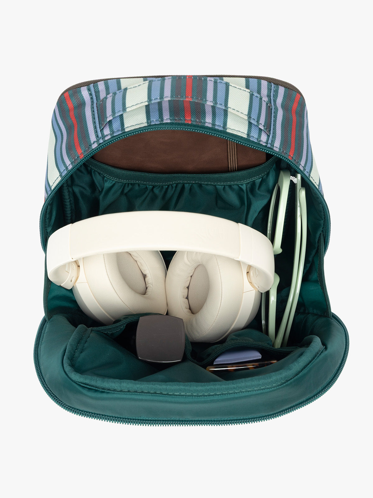 Items inside CALPAK Everything Cube in multicolor stripe; ACE2401-RIVIERA-STRIPE