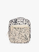 White with black leopard print in Snow Leopard the CALPAK Everything Cube organizer with a top handle, a front zippered pocket, and a textured mesh lower panel, shown against a plain white background; ACE2401-SNOW-LEOPARD