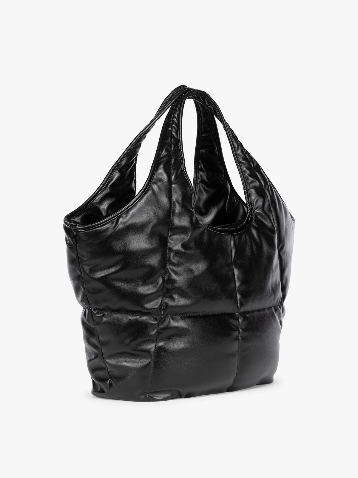 Side view of the Black quilted puffer CALPAK Luka Everything Tote Bag with a smooth finish and double shoulder straps, shown against a plain white background; AET2601-BLACK-PU
