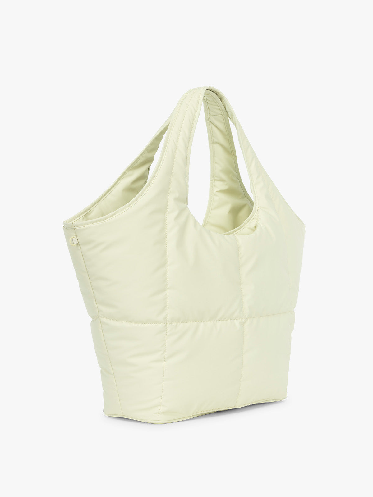 Side view of CALPAK Luka Everything Laptop Tote in light green Celadon with shoulder strap on a white background; AET2601-CELADON