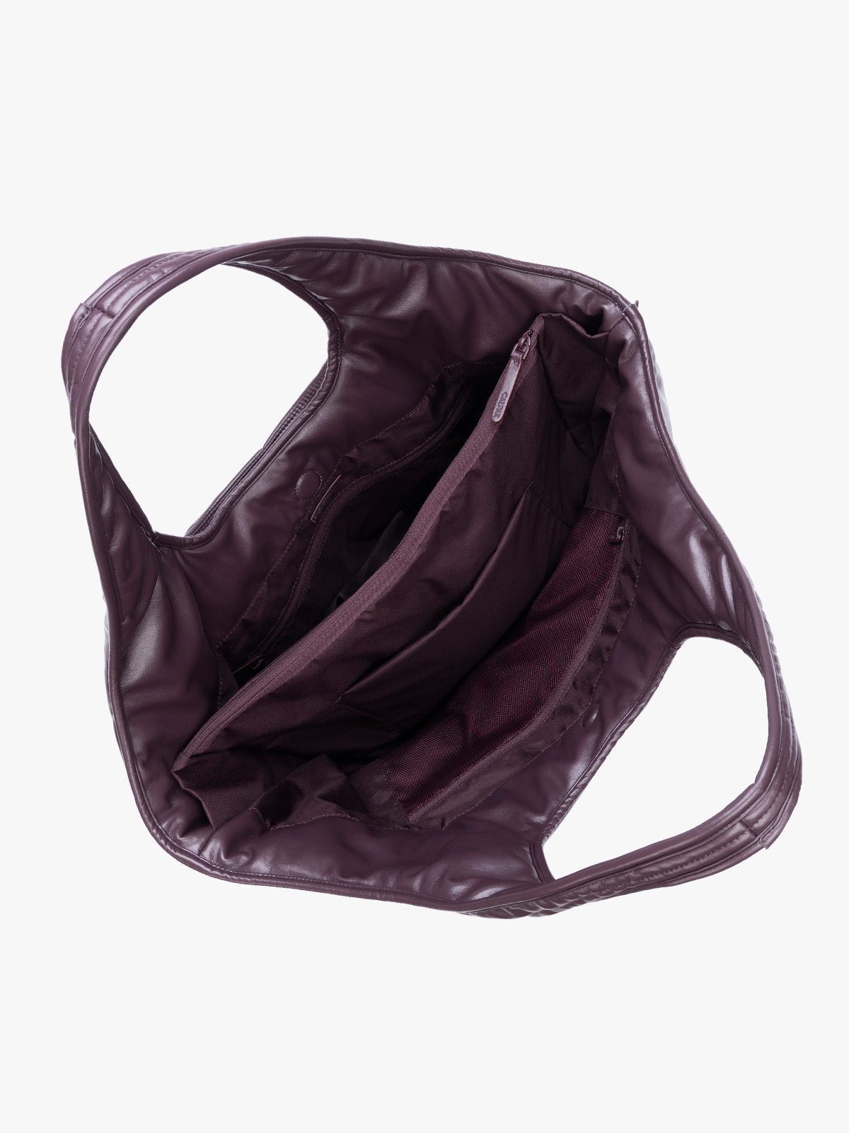 Top view of the inside of a Dark Cherry quilted puffer CALPAK Luka Everything Tote Bag with a smooth finish and double shoulder straps, shown against a plain white background; AET2601-DARK-CHERRY-PU