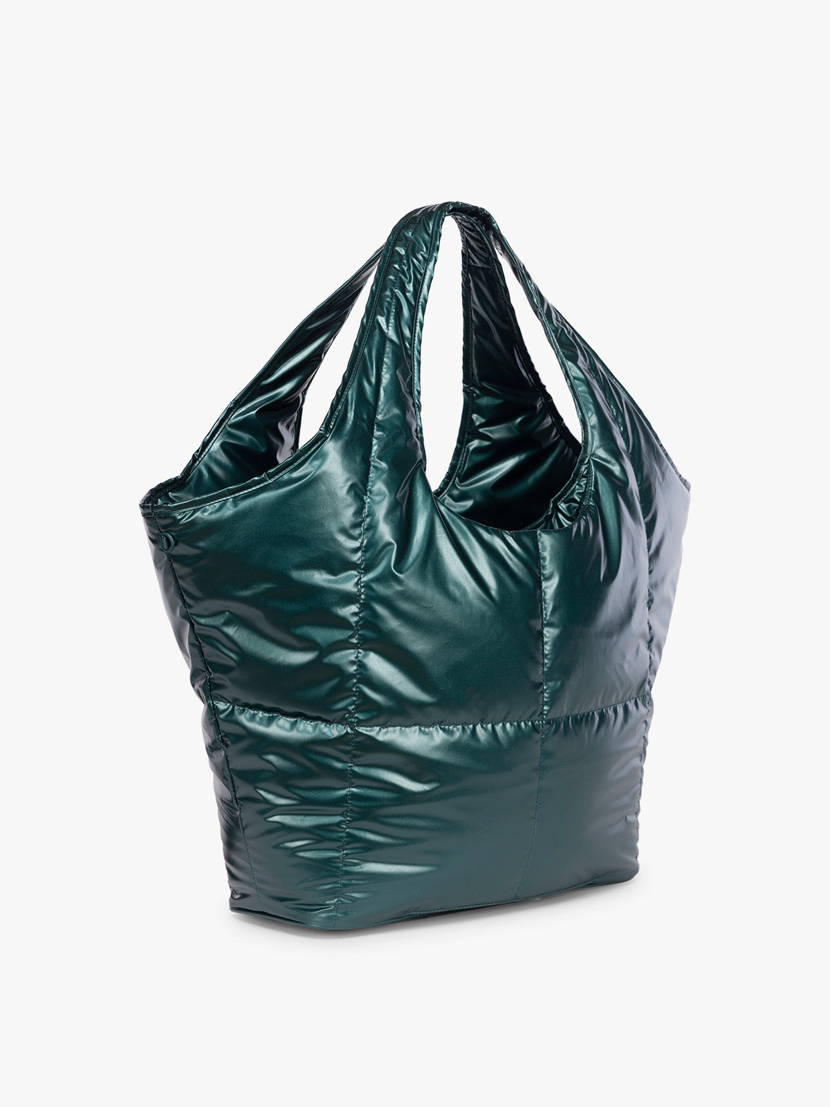 Side view of CALPAK Luka Everything Tote in dark green shiny Kale; AET2601-GLAZED-KALE