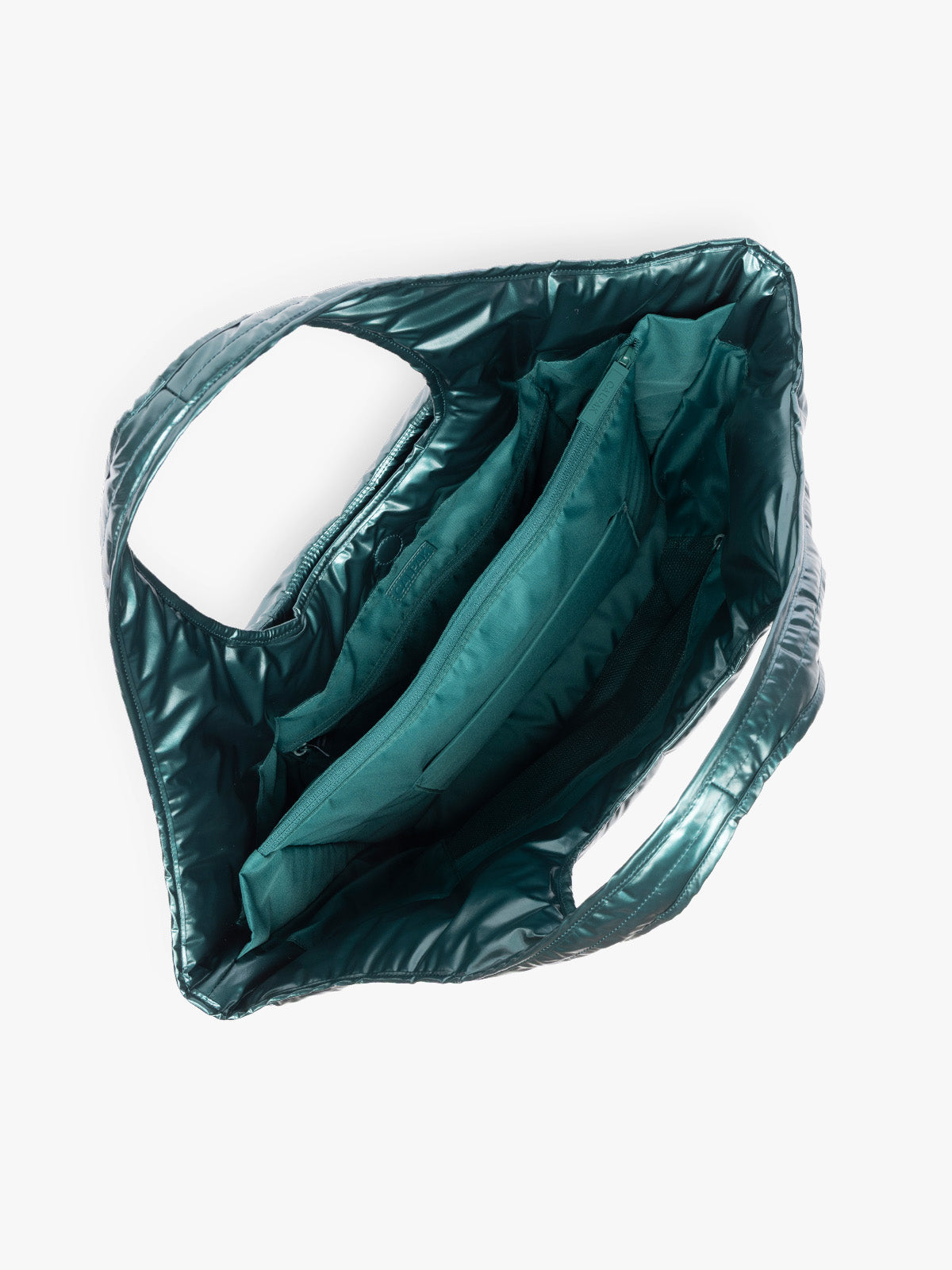 Opened CALPAK Luka Everything Tote in dark green shiny Kale; AET2601-GLAZED-KALE