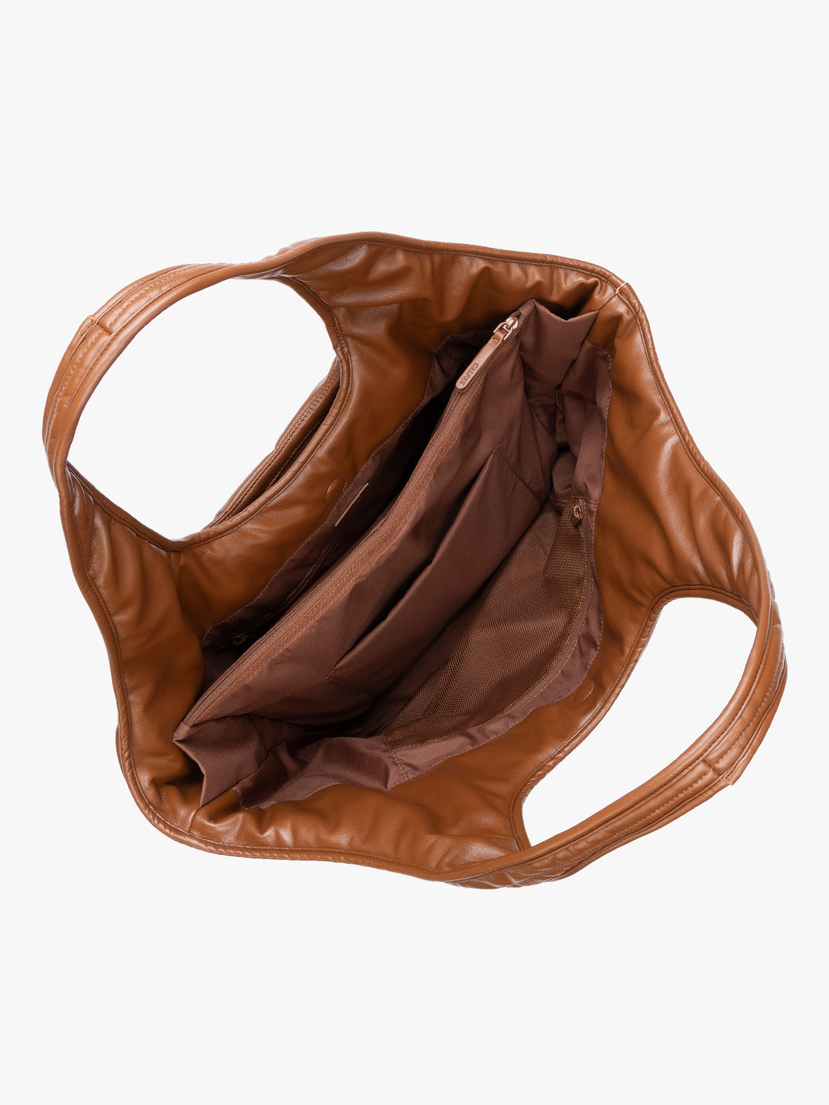 Top view showing inside of Honey Brown quilted puffer CALPAK Luka Everything Tote Bag with a smooth finish and double shoulder straps, shown against a plain white background; AET2601-HONEY-BROWN-PU
