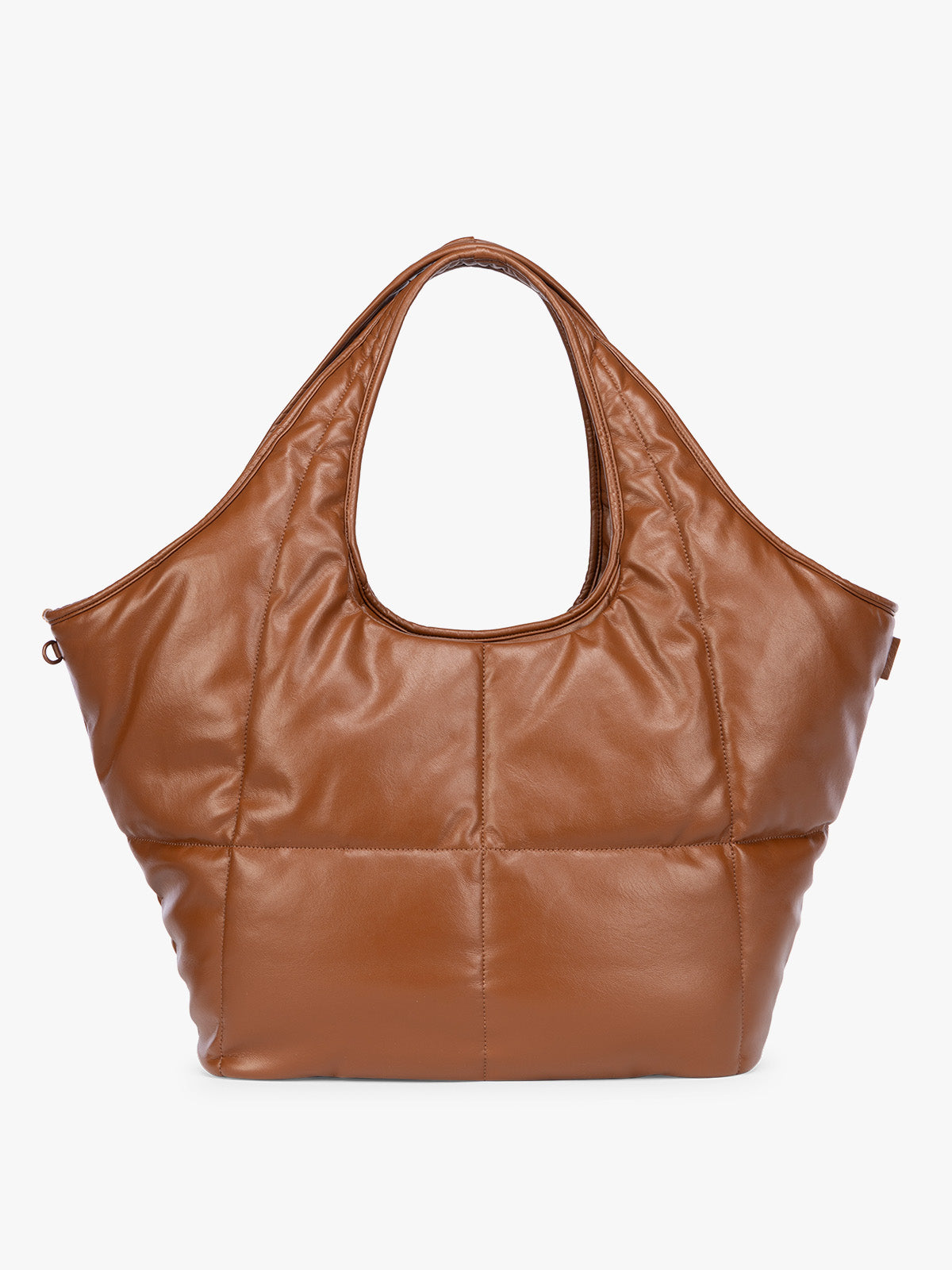 Honey Brown quilted puffer CALPAK Luka Everything Tote Bag with a smooth finish and double shoulder straps, shown against a plain white background; AET2601-HONEY-BROWN-PU