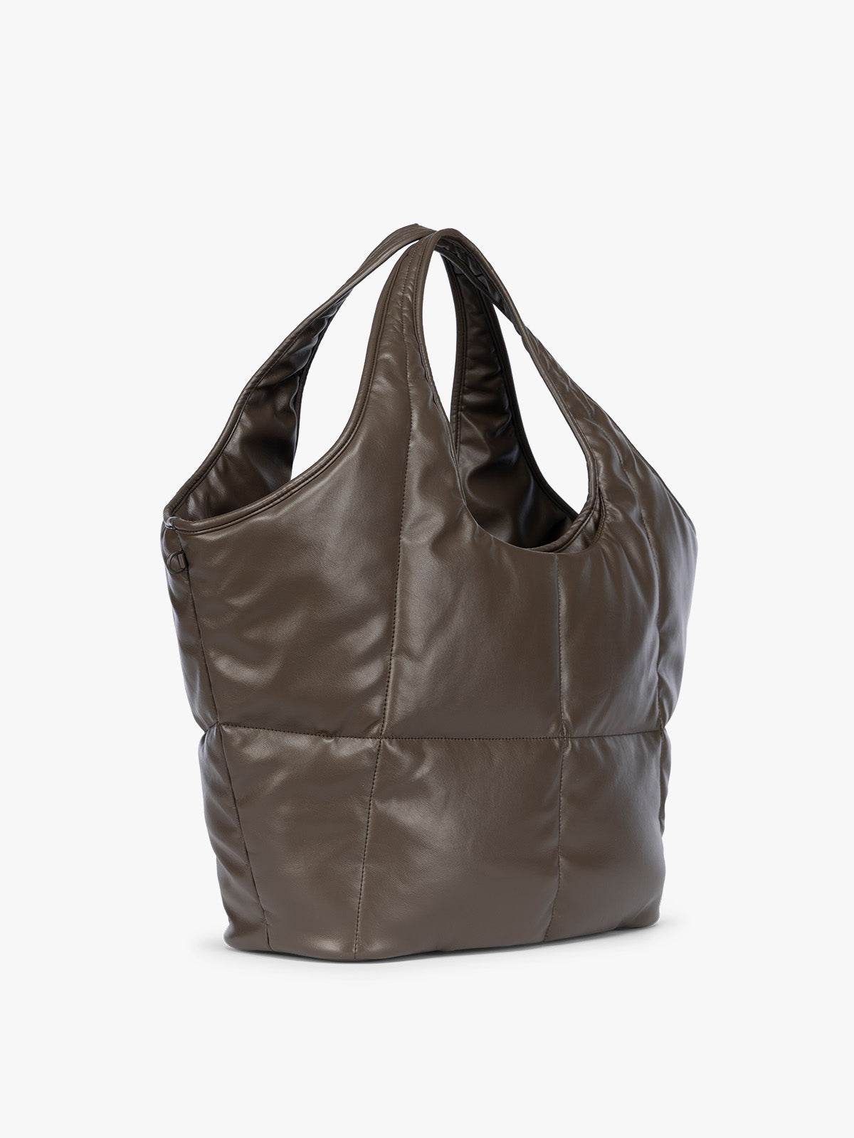 Side view of Mushroom brown quilted puffer CALPAK Luka Everything Tote Bag with a smooth finish and double shoulder straps, shown against a plain white background; AET2601-MUSHROOM-PU