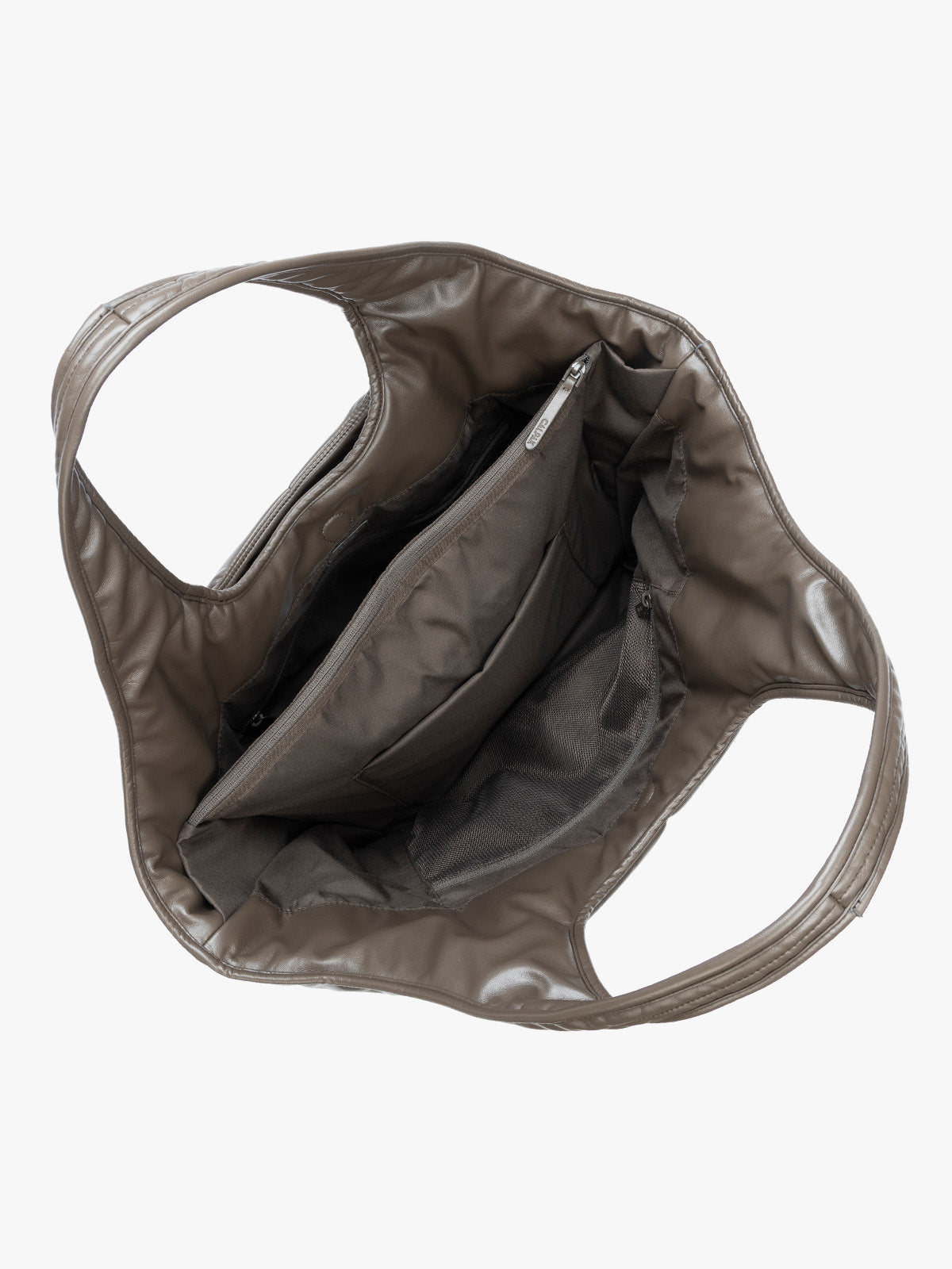 Top view showing inside of the Mushroom brown quilted puffer CALPAK Luka Everything Tote Bag with a smooth finish and double shoulder straps, shown against a plain white background; AET2601-MUSHROOM-PU