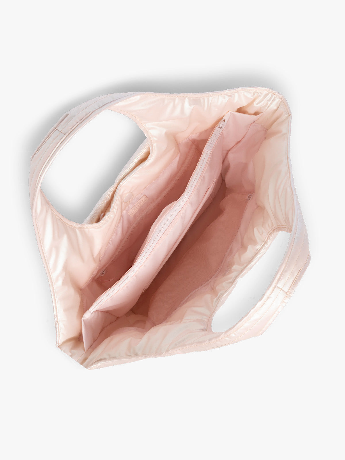 Opened CALPAK Luka Everything Tote in light pink Pearlescent; AET2601-PEARLESCENT