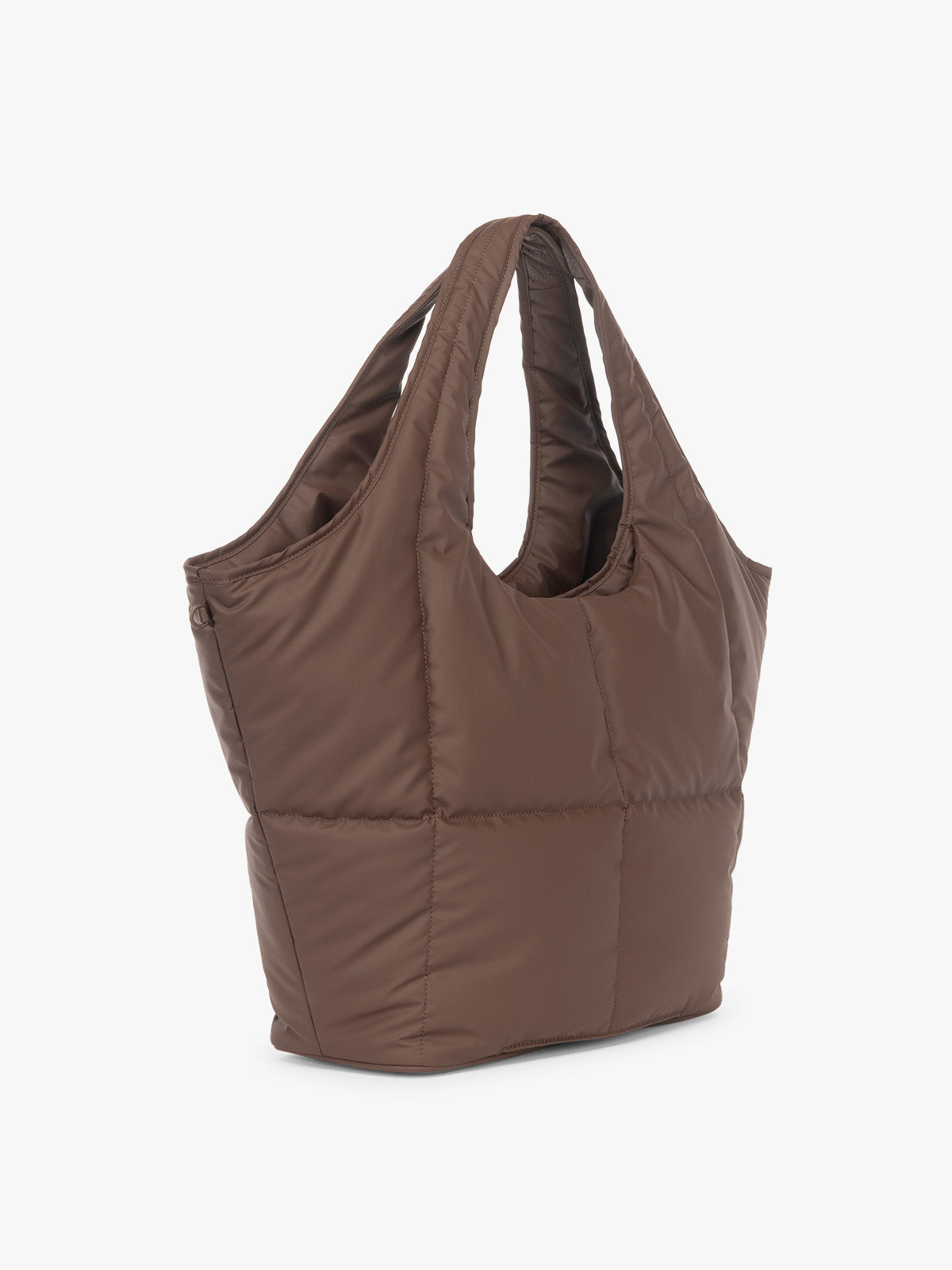 Side view of the CALPAK Luka Everything Laptop tote in brown Walnut with shoulder strap on a white background; AET2601-WALNUT