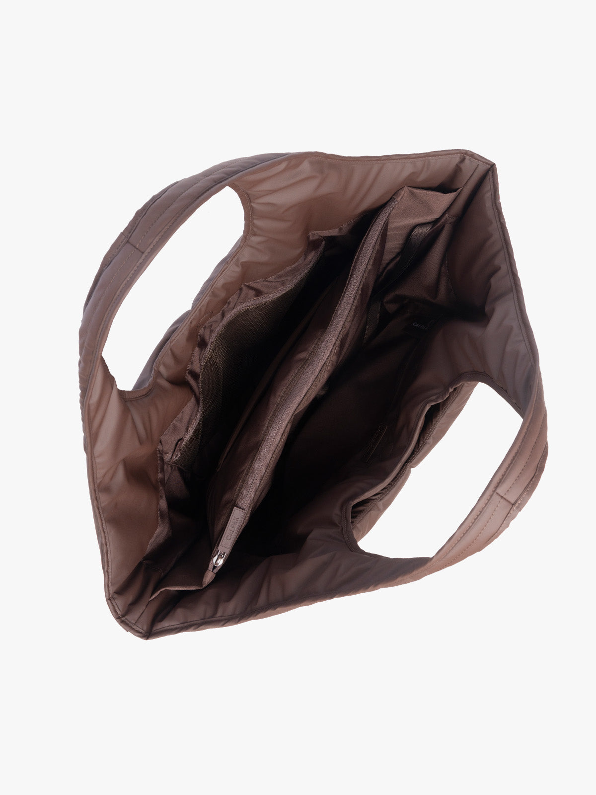 Opened view of the CALPAK Luka Everything Laptop tote in brown Walnut with shoulder strap on a white background; AET2601-WALNUT