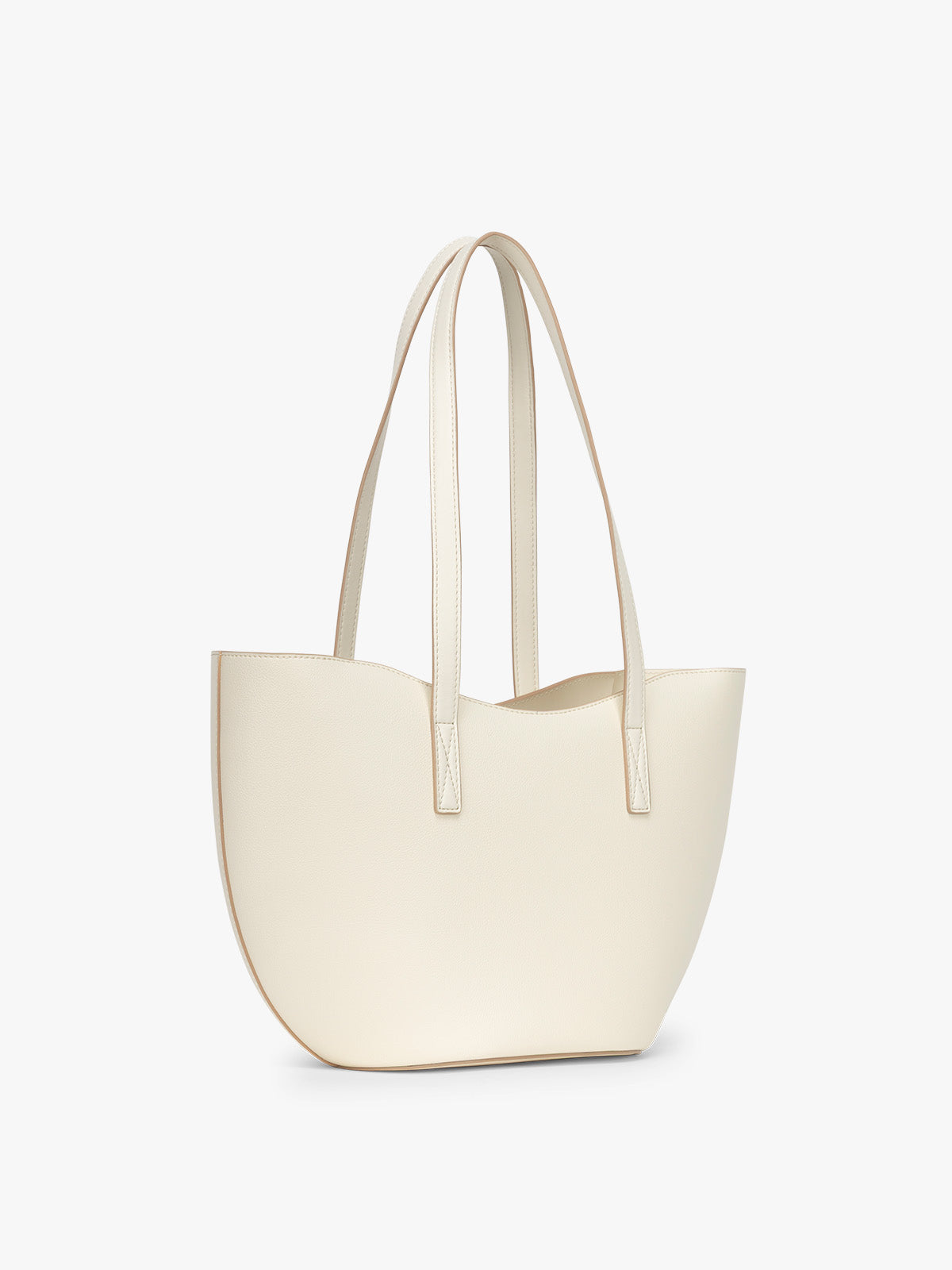 Side view of CALPAK Haven Tulip Tote in beige Buttercream; AHP2601-BUTTERCREAM