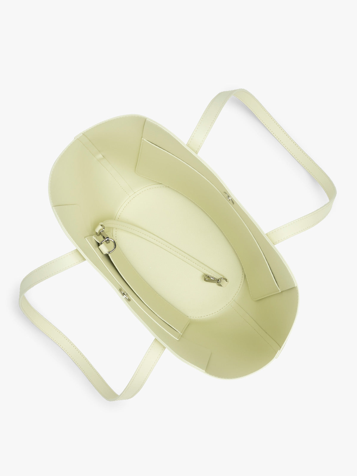Opened view of CALPAK Haven Tulip Tote in light green Celadon; AHP2601-CELADON