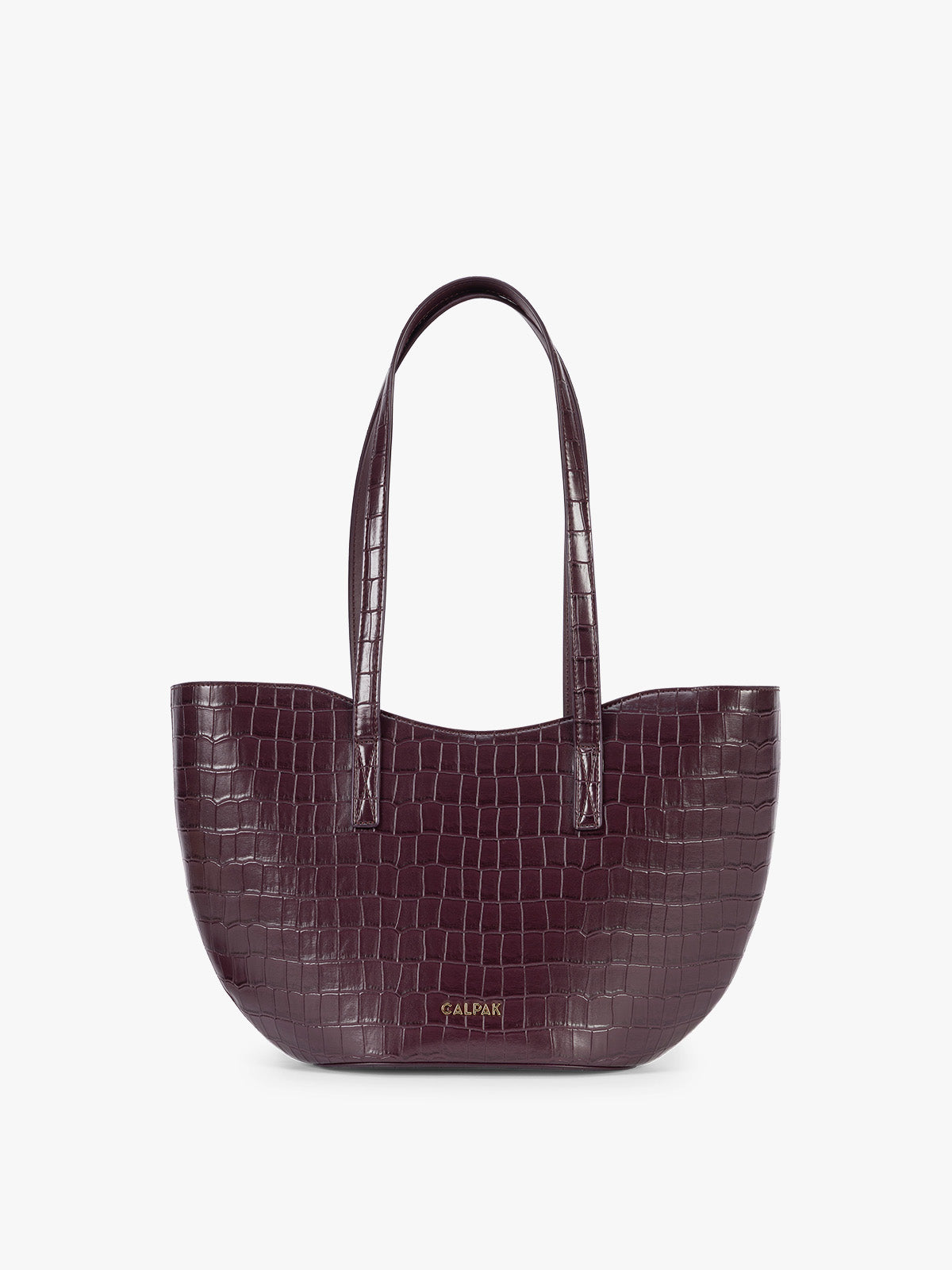 A CALPAK Haven Tulip Tote in Dark Cherry dark plum purple crocodile-embossed leather tote bag with double shoulder straps  against a plain white background ; AHP2601-DARK-CHERRY-FAUX-CROC