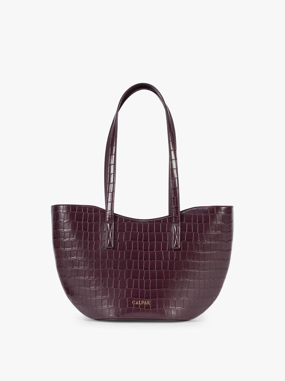 A CALPAK Haven Tulip Tote in Dark Cherry dark plum purple crocodile-embossed leather tote bag with double shoulder straps  against a plain white background ; AHP2601-DARK-CHERRY-FAUX-CROC