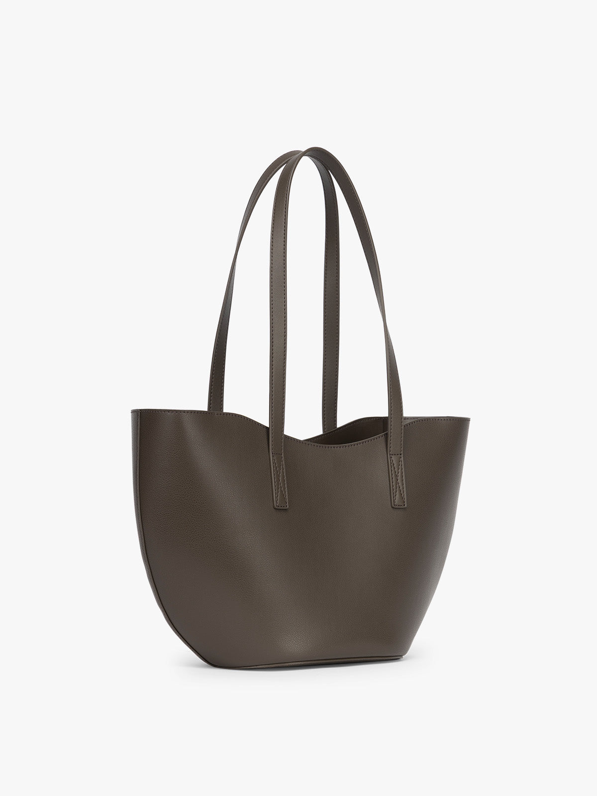 Side view of CALPAK Haven Tulip Tote in brown Mushroom; AHP2601-MUSHROOM