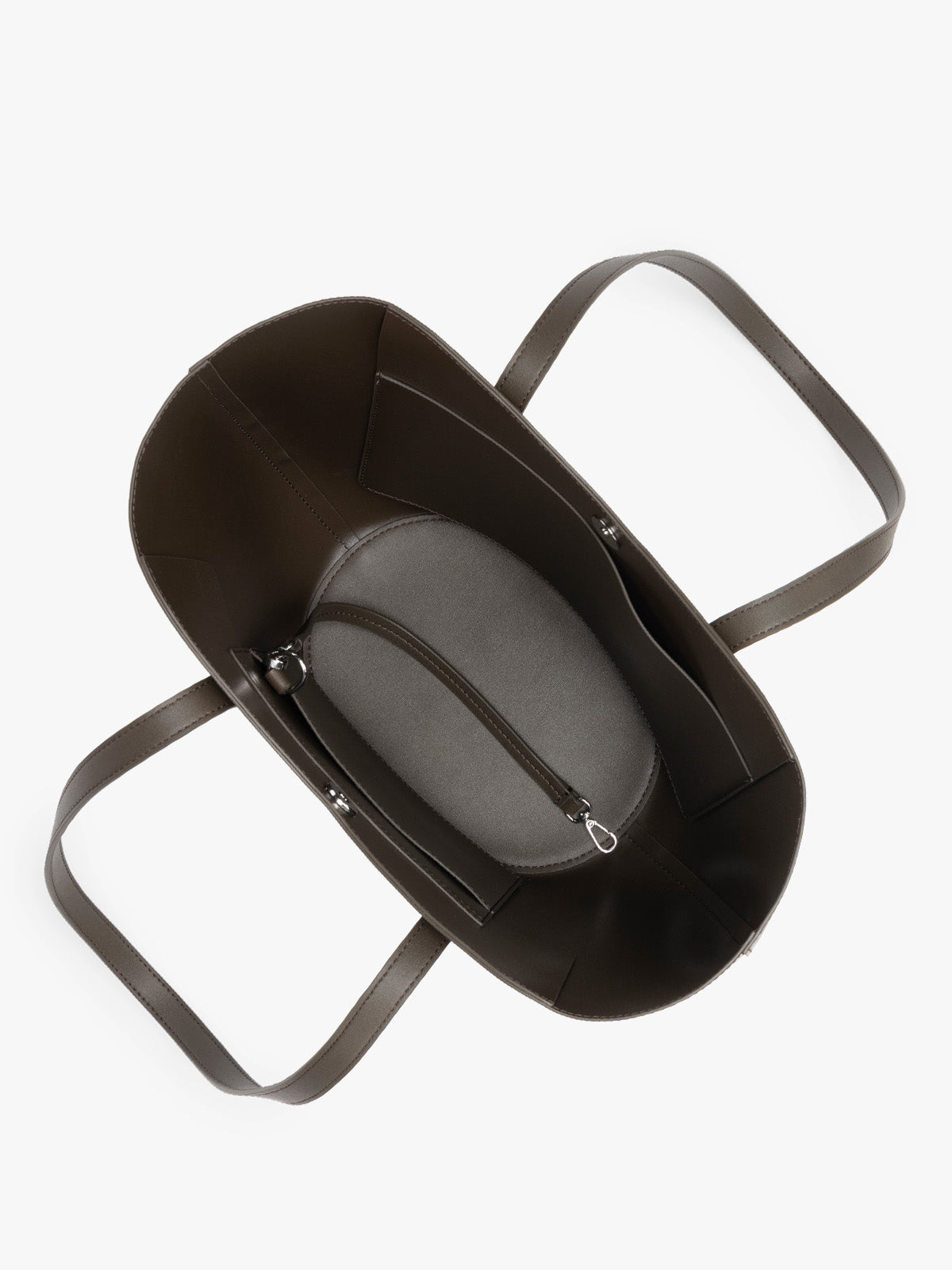 Opened view of CALPAK Haven Tulip Tote in brown Mushroom; AHP2601-MUSHROOM