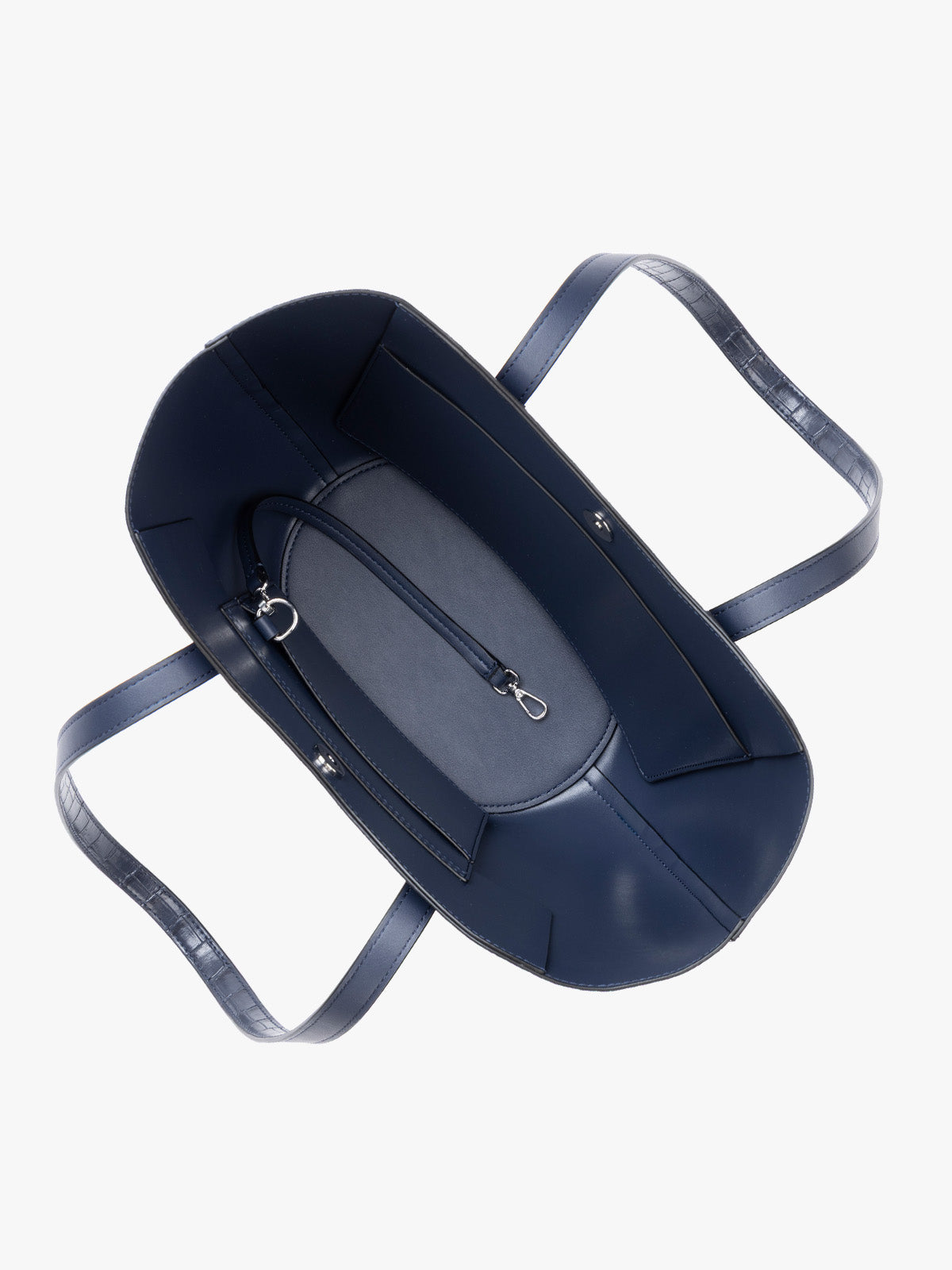 Top down view of a navy blue crocodile-embossed CALPAK Haven Tulip tote bag with double shoulder straps against a plain white background; AHP2601-NAVY-FAUX-CROC