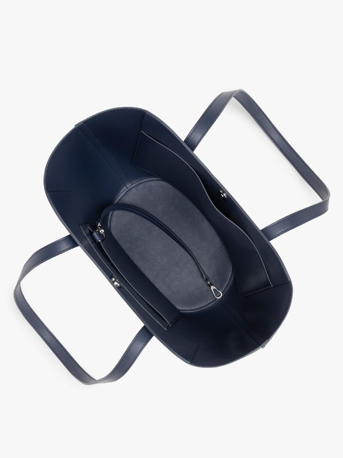 Opened view of CALPAK Haven Tulip Tote in dark blue; AHP2601-NAVY