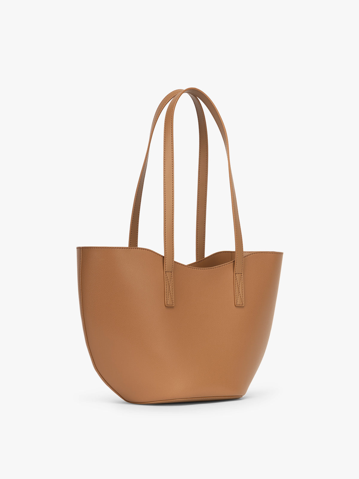 Side view of CALPAK Haven Tulip Tote in light brown Toffee; AHP2601-TOFFEE