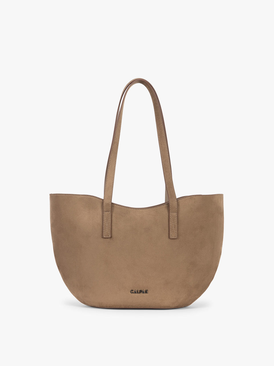 CALPAK Haven Tulip Tote in Truffle Suede taupe brown tote bag with dual shoulder straps against a plain white background; AHP2601-TRUFFLE-FAUX-SUEDE