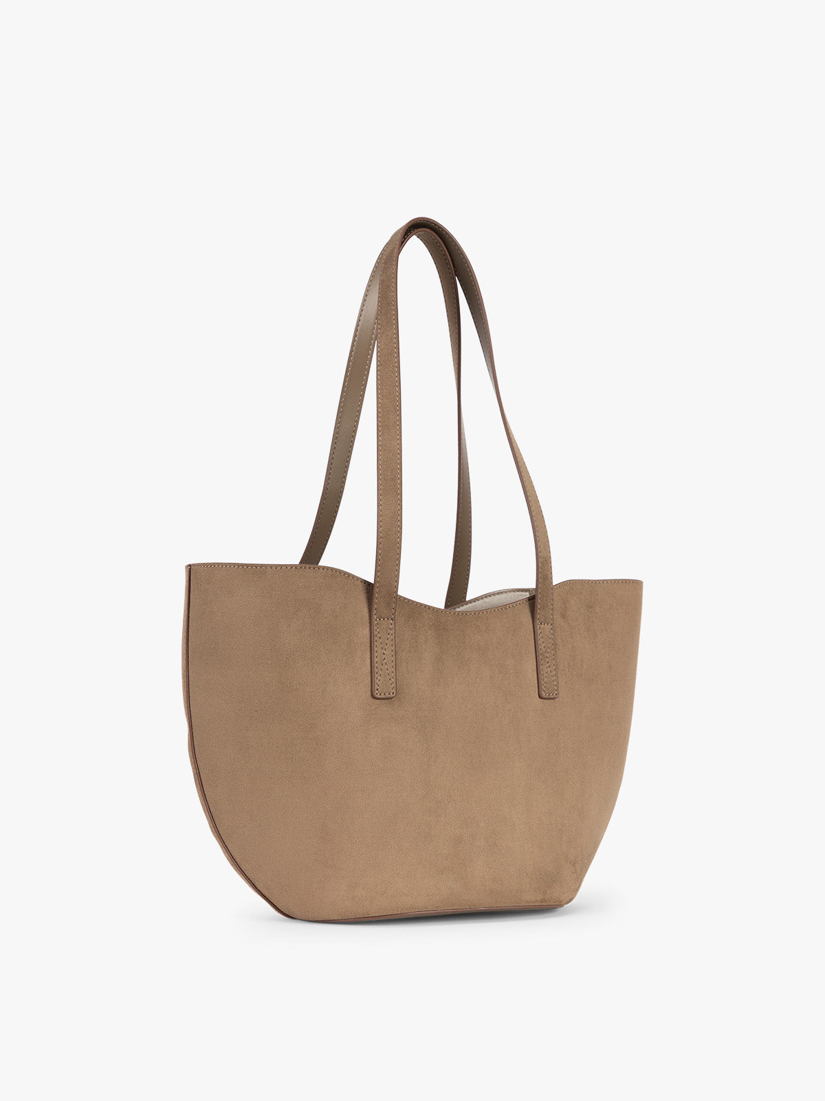 Side view of CALPAK Haven Tulip Tote in Truffle Suede taupe brown tote bag with dual shoulder straps against a plain white background; AHP2601-TRUFFLE-FAUX-SUEDE