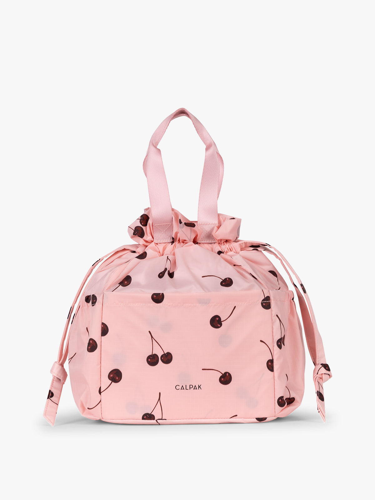 CALPAK Insulated Lunch Bag in Blossom Cherry in pink with cherry print with drawstring; ALB2001-BLOSSOM-CHERRY