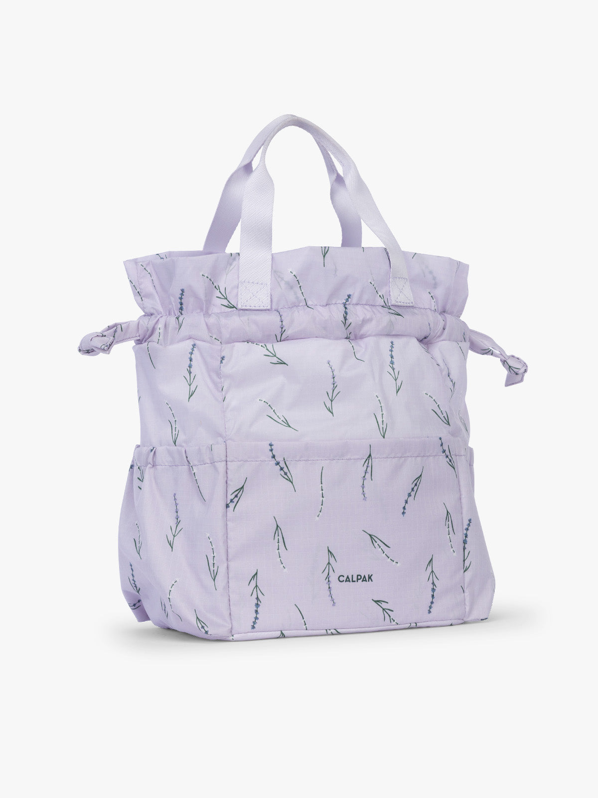 Opened drawstring of CALKPAK Insulated Lunch Bag in lavender purple with lavender flower print ; ALB2001-LAVENDER-BLOOM