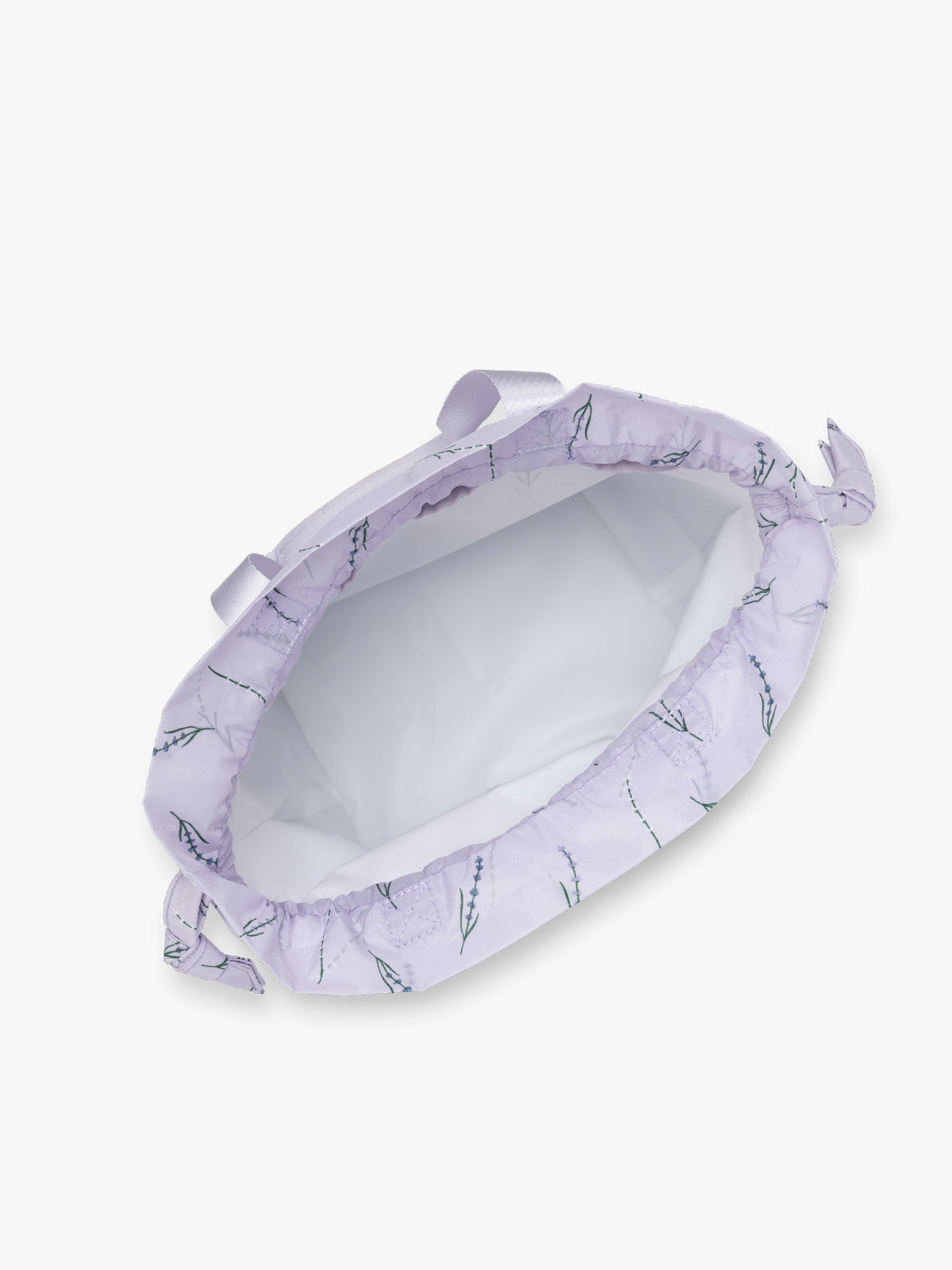 Opened view of CALKPAK Insulated Lunch Bag in lavender purple with lavender flower print ; ALB2001-LAVENDER-BLOOM