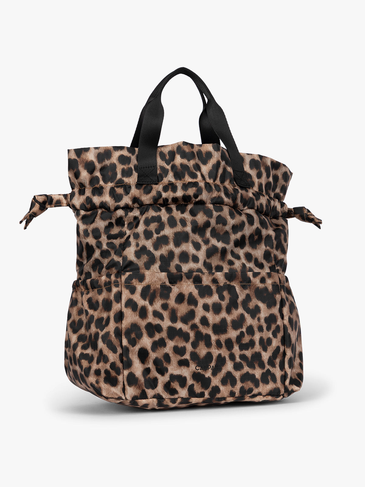 Leopard print CALPAK Insulated Lunch Bag with top handles, featuring an expandable function shown against a plain white background; ALB2001-LEOPARD