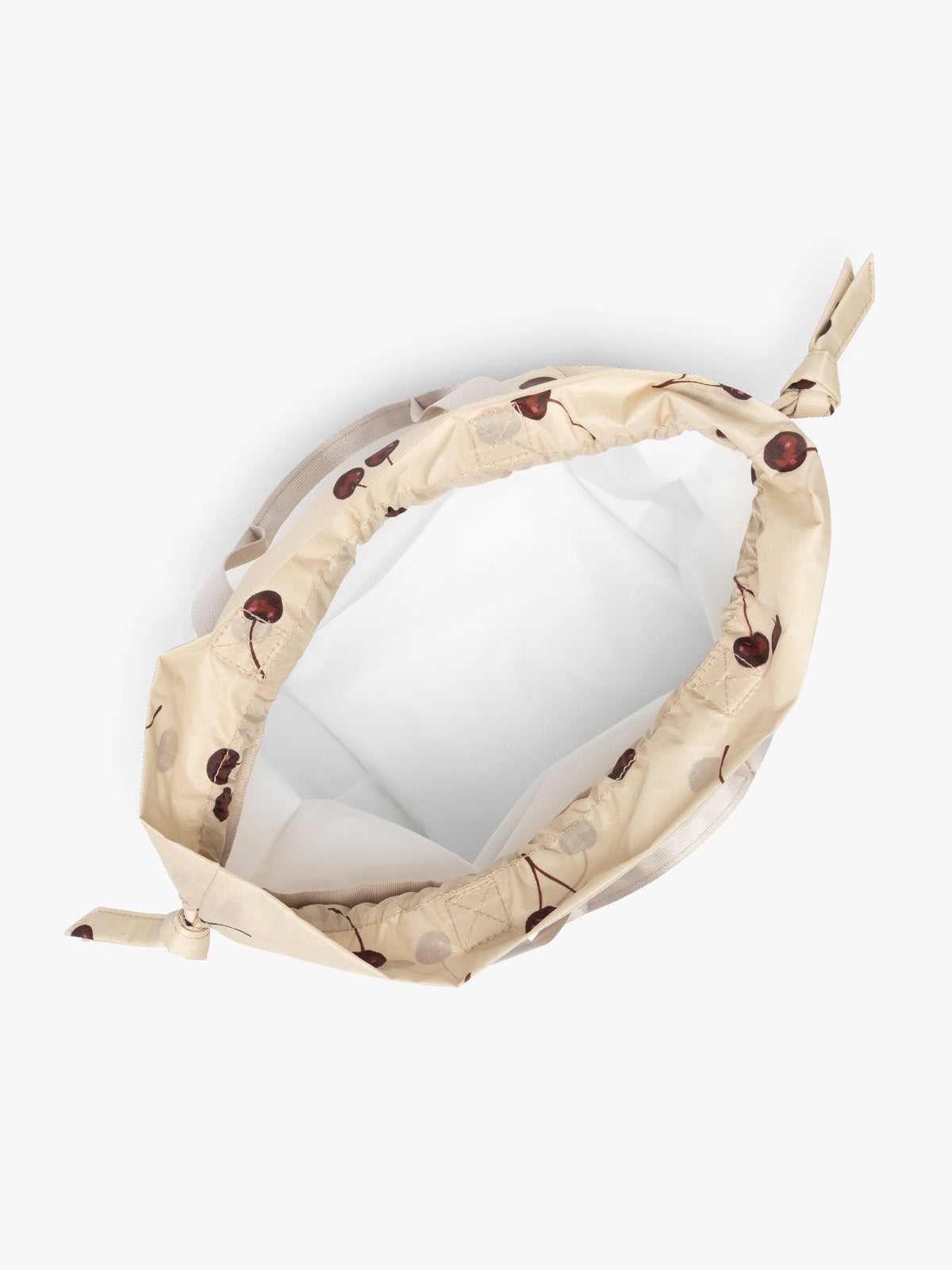 CALPAK Insulated Lunch Bag in Oatmeal Cherry in tan with cherry print with drawstring opened; ALB2001-OATMEAL-CHERRY