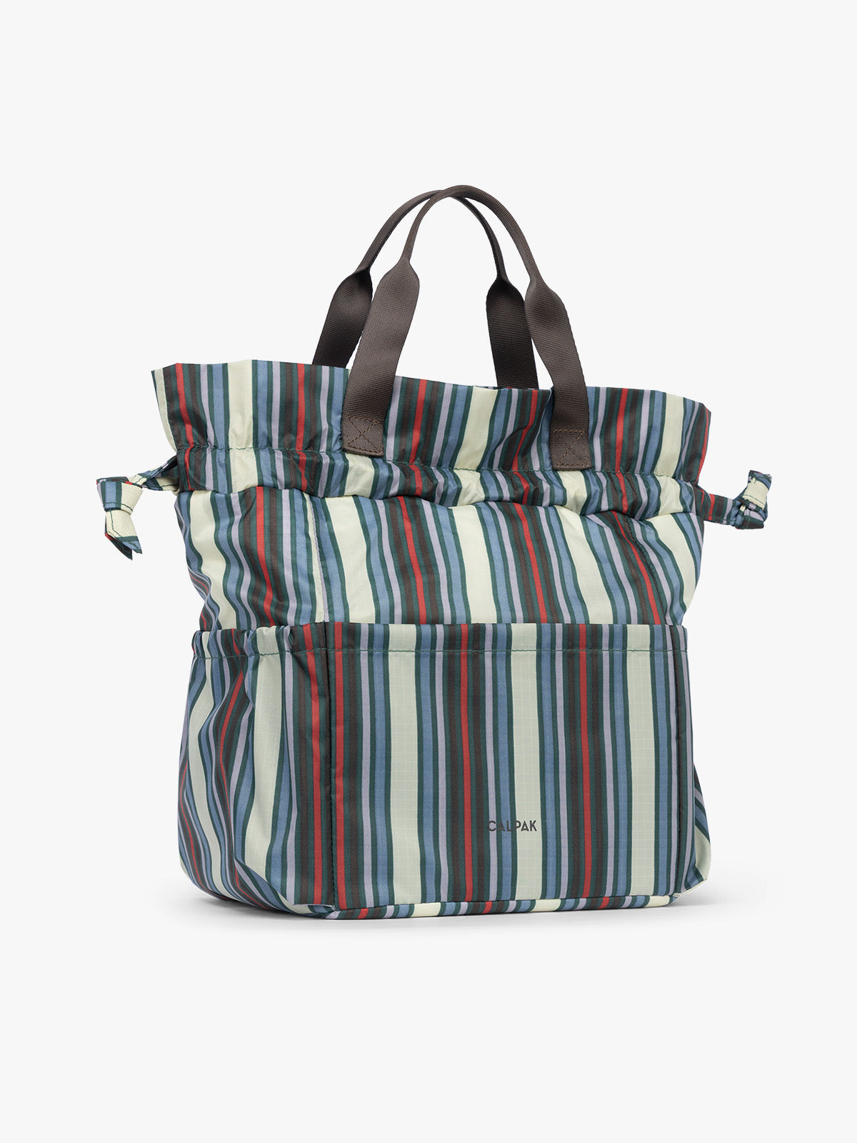 Extended view of CALPAK Insulated Lunch Bag in multicolor (celadon, mushroom, french blue, lavender) striped Riviera Stripe; ALB2001-RIVIERA-STRIPE