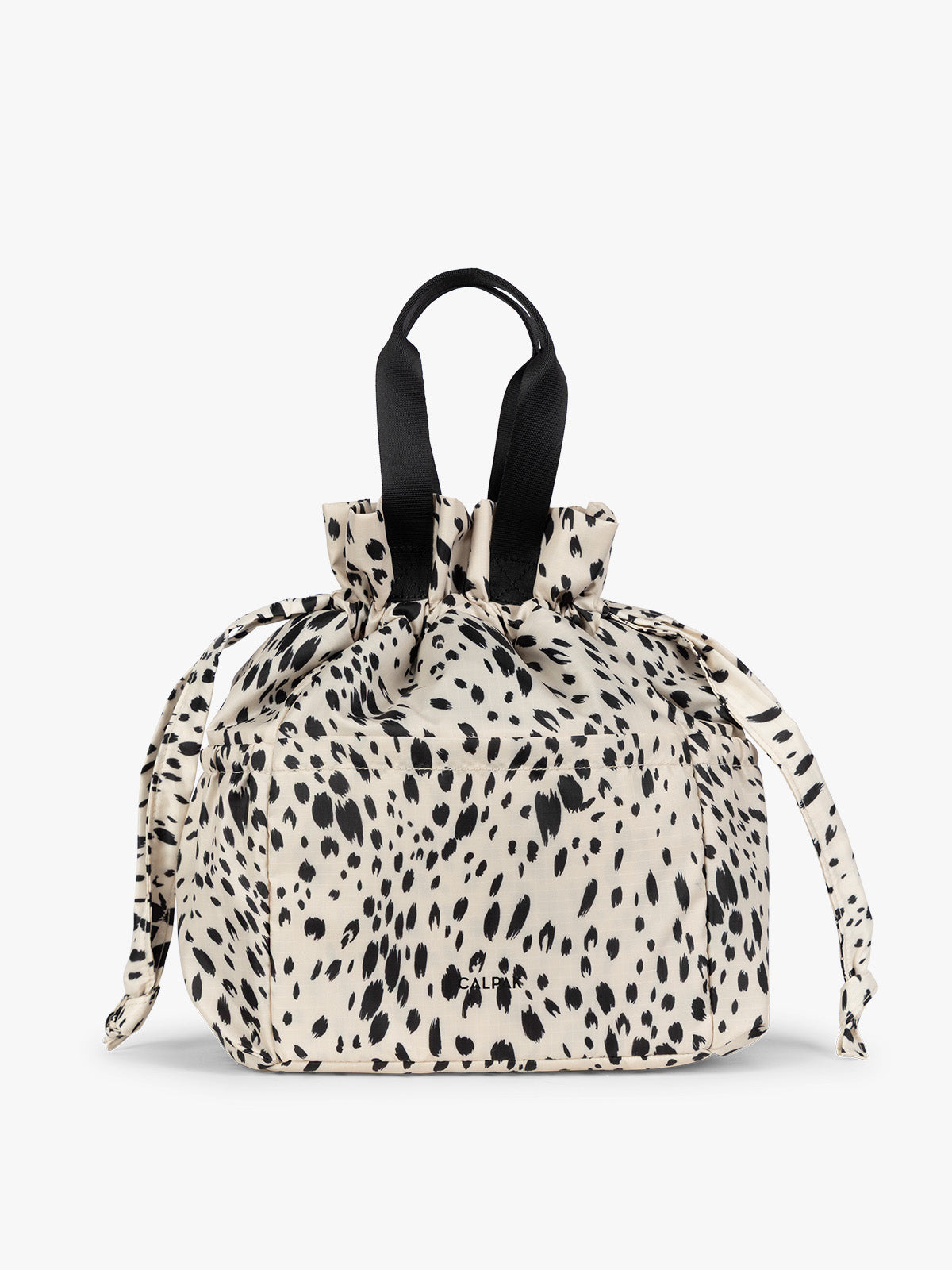 White and black Snow Leopard animal print of the CALPAK Insulated Lunch Bag with top handles, shown against a plain white background; ALB2001-SNOW-LEOPARD