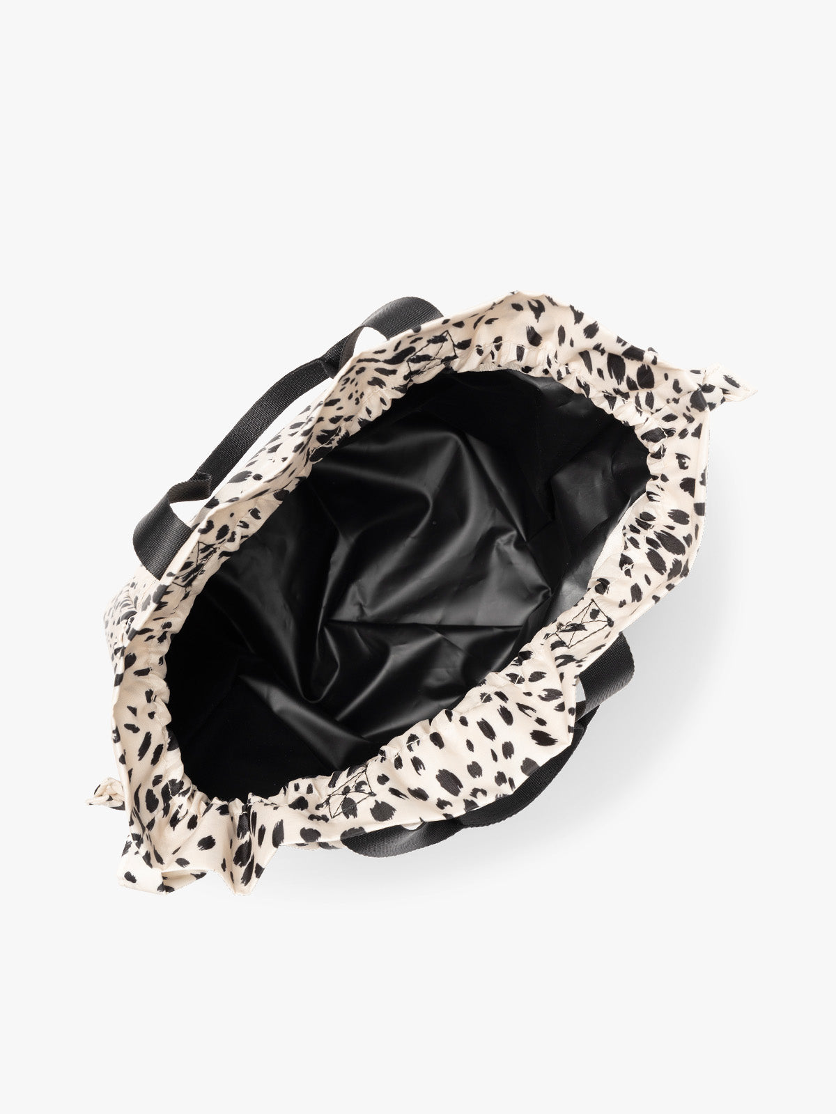 Opened white and black animal print Snow Leopard CALPAK Insulated Lunch Bag with top handles, featuring a white interior lining shown against a plain white background; ALB2001-SNOW-LEOPARD