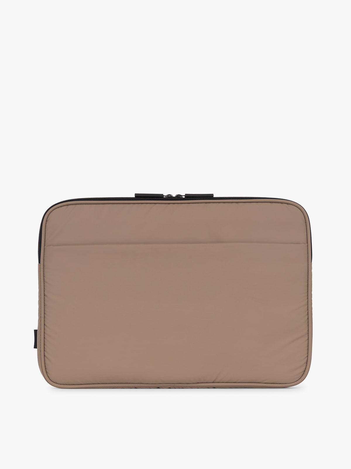 CALPAK Luka Padded Laptop Sleeve in brown Chocolate with puffy exterior back view; ALD2501-CHOCOLATE